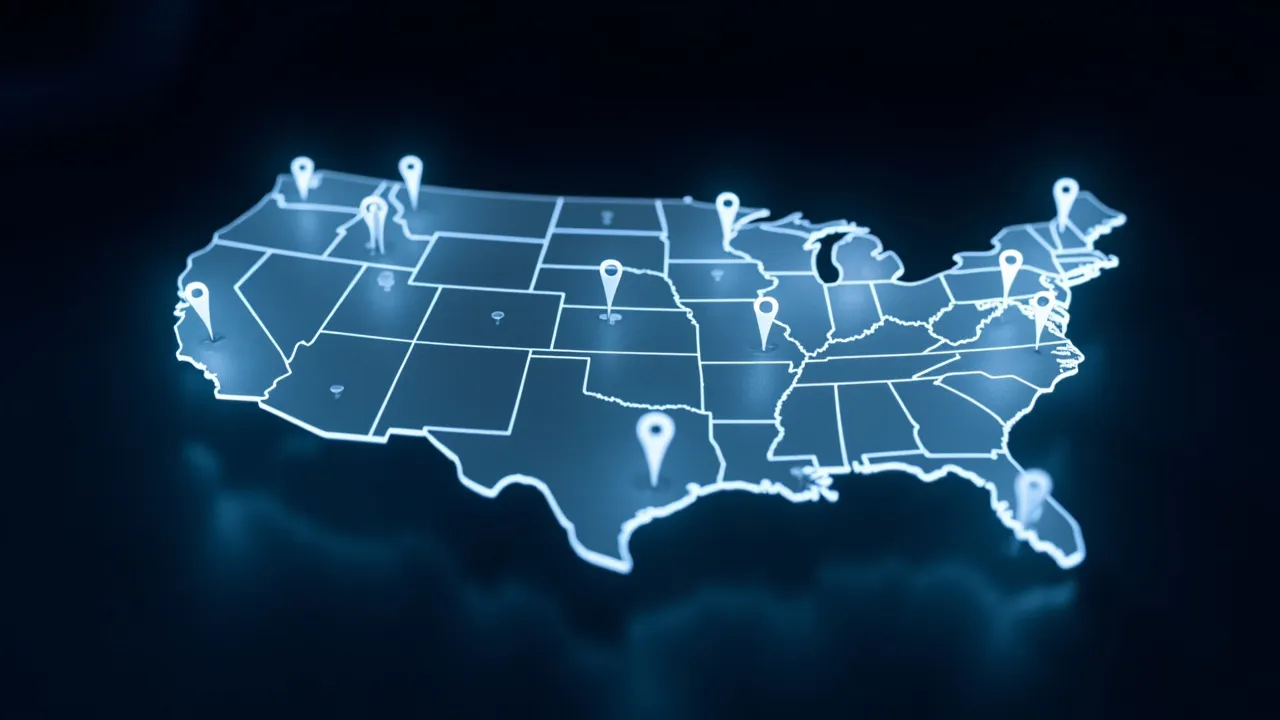 Symbol image: a map of the United States with AI-powered location pins and search signals
